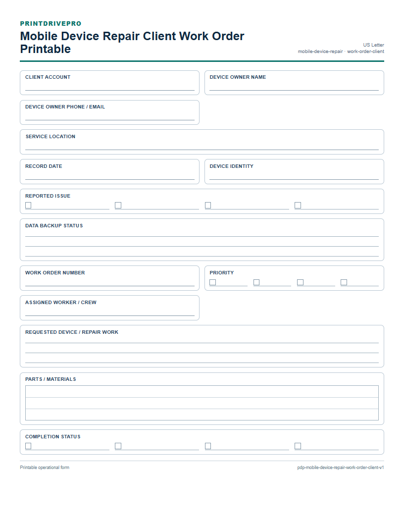Mobile Device Repair Client Work Order Printable preview