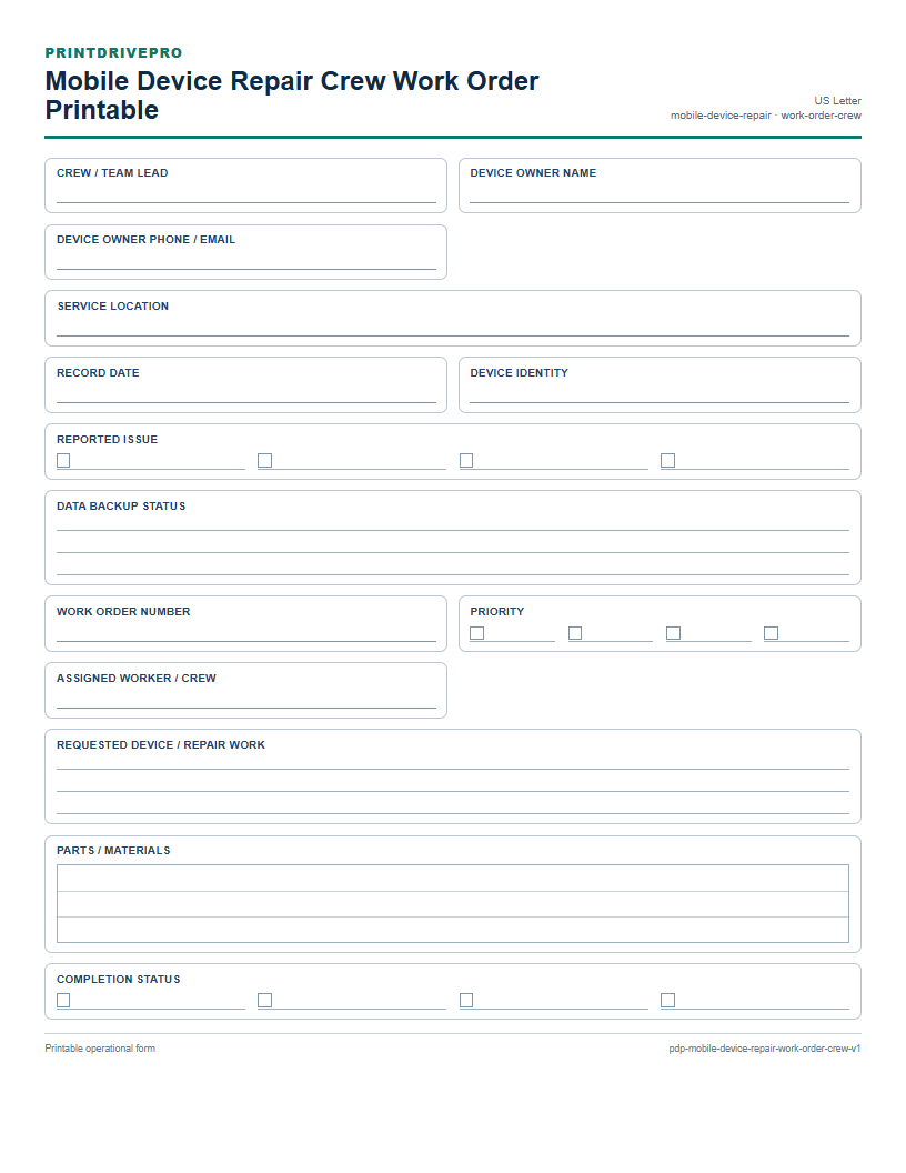 Mobile Device Repair Crew Work Order Printable preview