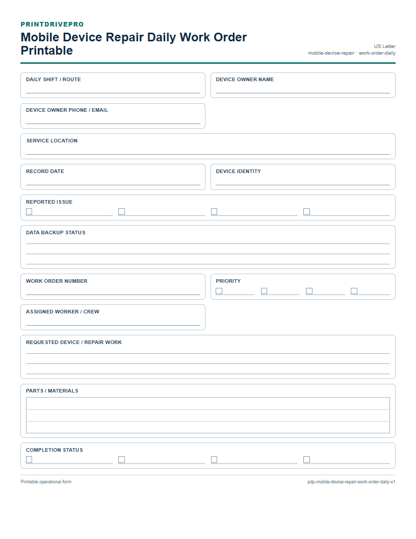 Mobile Device Repair Daily Work Order Printable preview