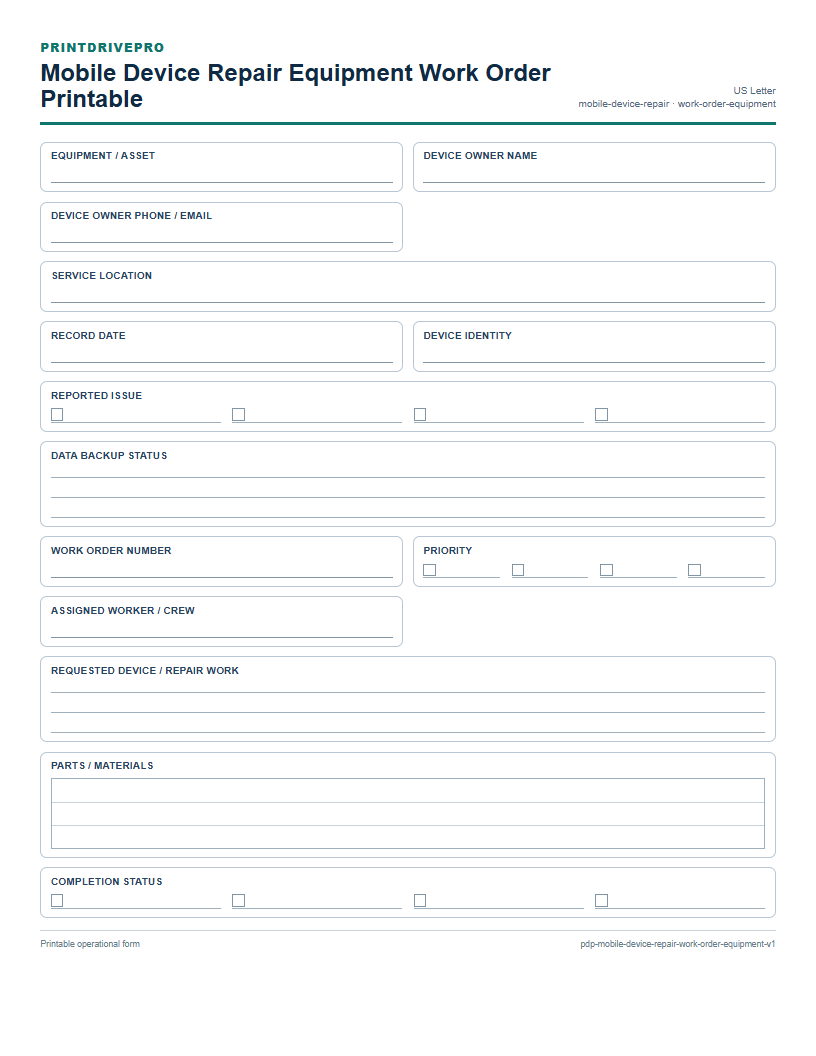 Mobile Device Repair Equipment Work Order Printable preview