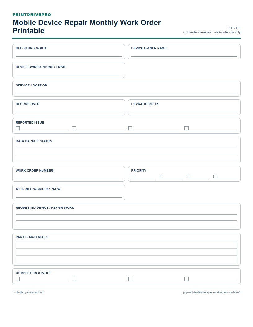 Mobile Device Repair Monthly Work Order Printable preview