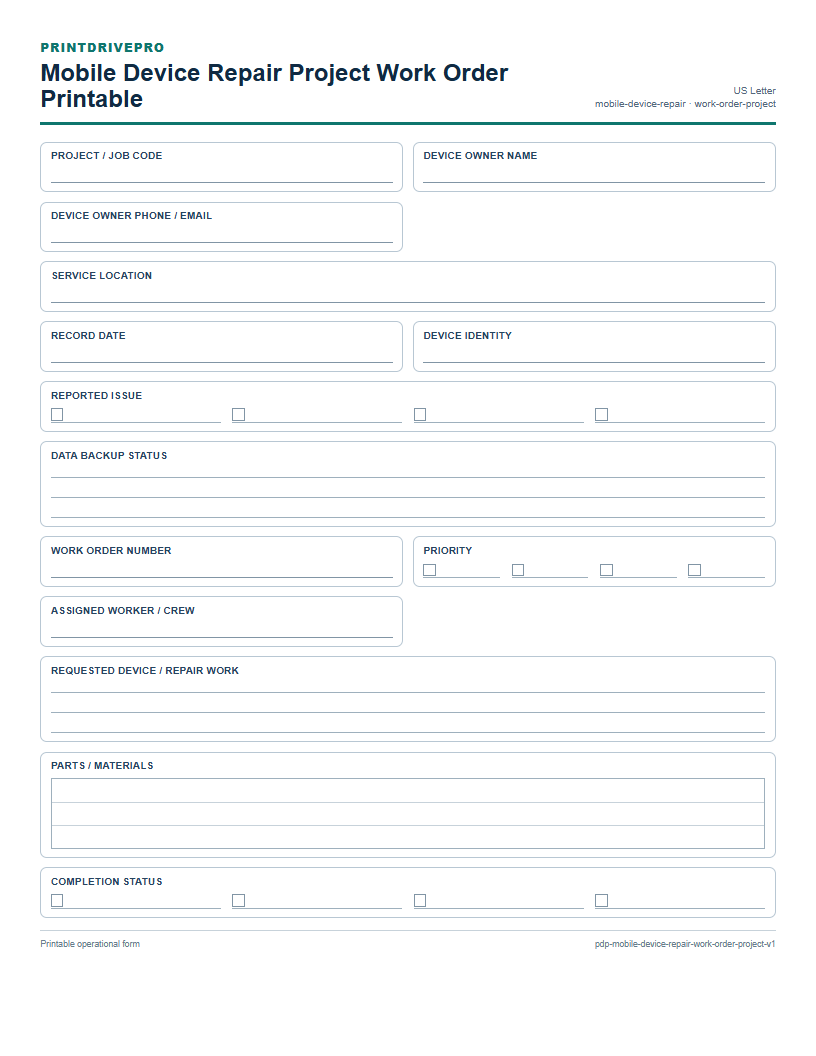 Mobile Device Repair Project Work Order Printable preview