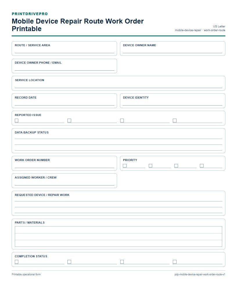 Mobile Device Repair Route Work Order Printable preview