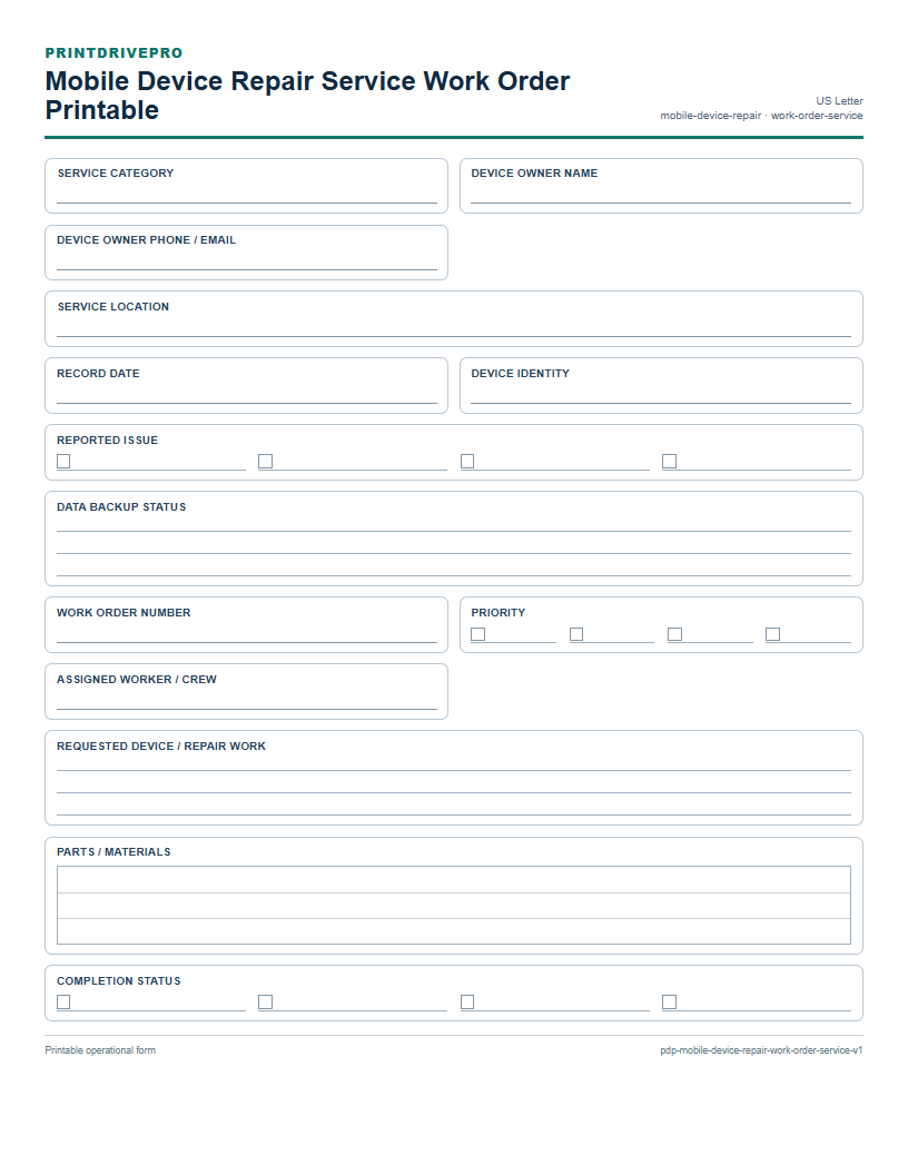 Mobile Device Repair Service Work Order Printable preview