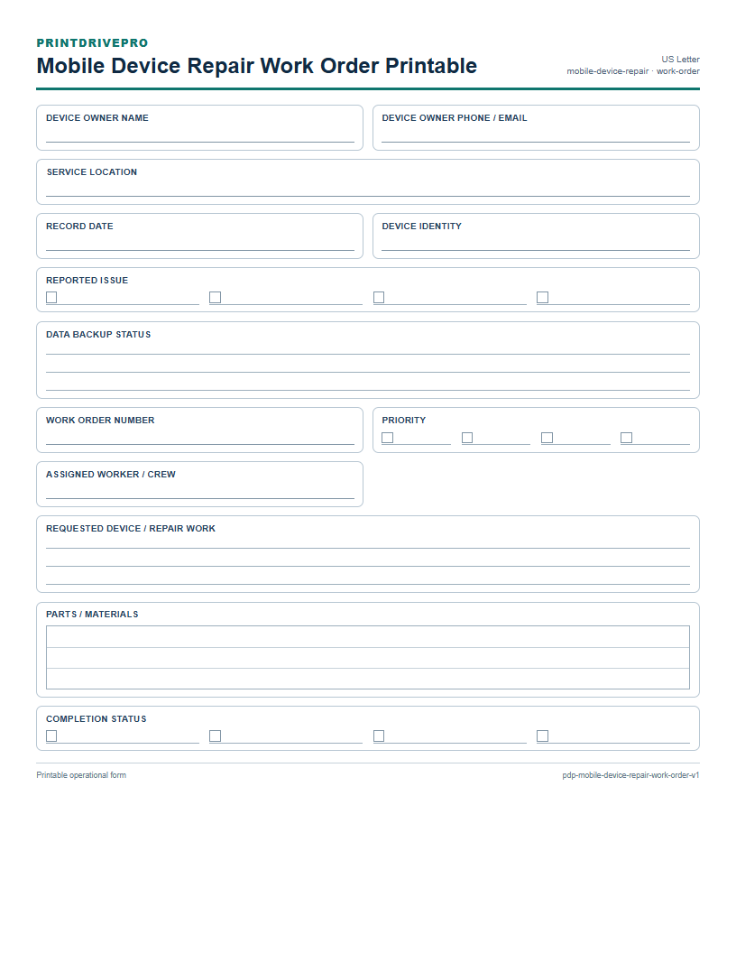 Mobile Device Repair Work Order Printable preview