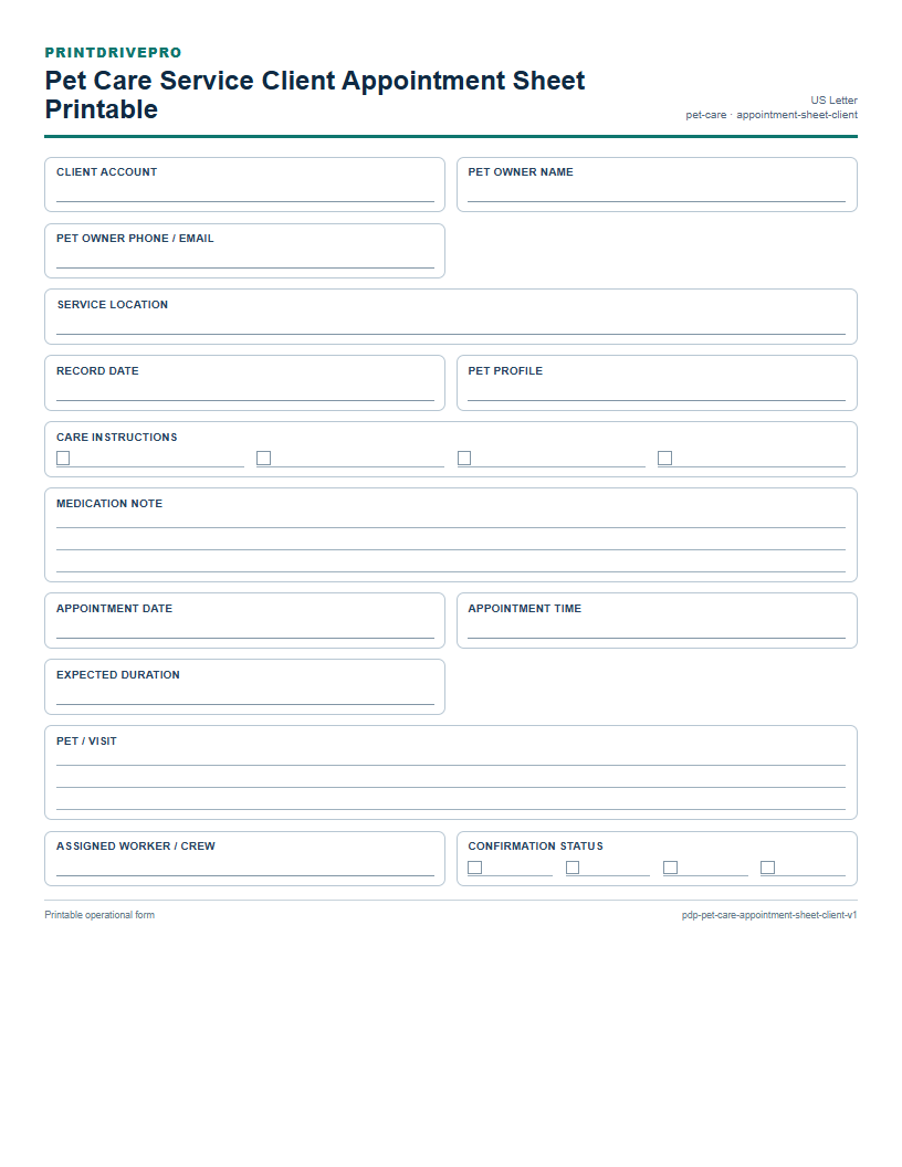 Pet Care Service Client Appointment Sheet Printable preview