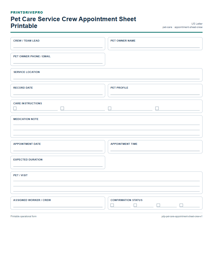Pet Care Service Crew Appointment Sheet Printable preview