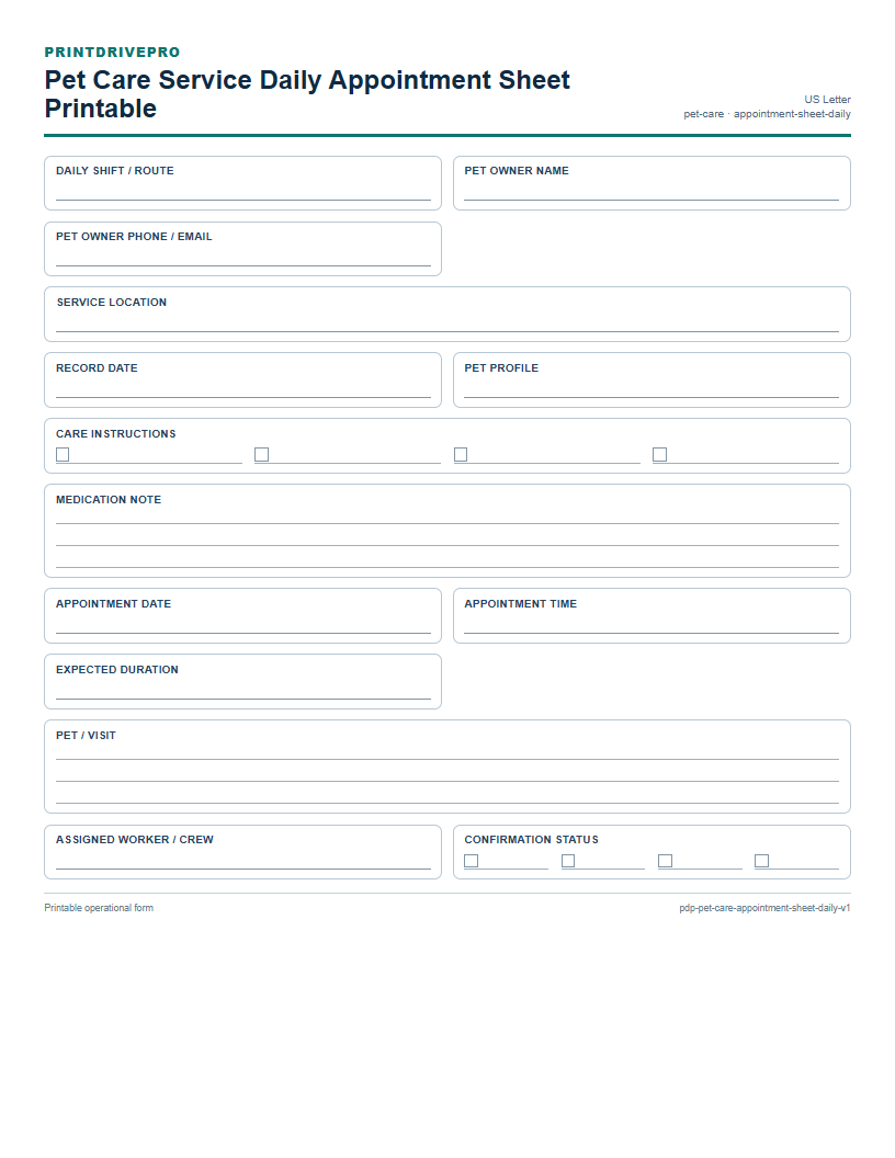 Pet Care Service Daily Appointment Sheet Printable preview