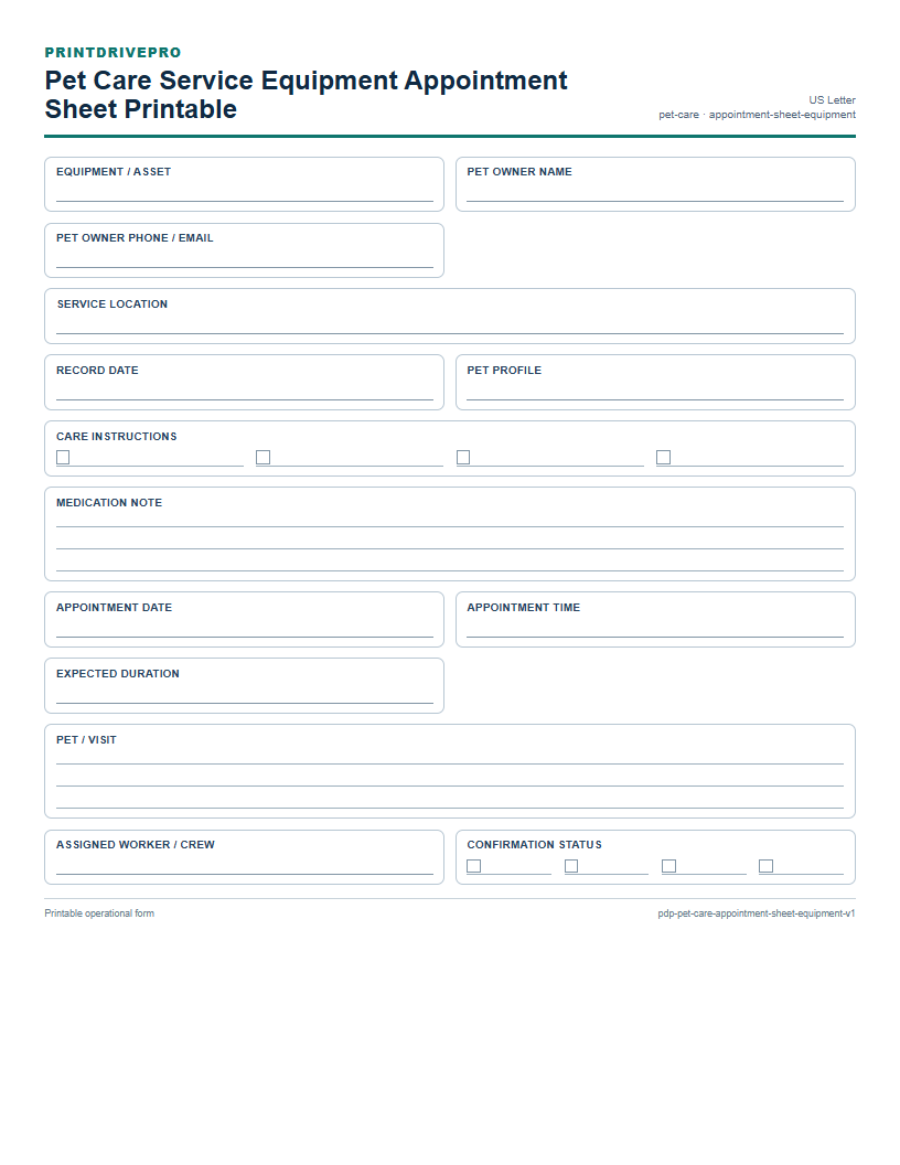 Pet Care Service Equipment Appointment Sheet Printable preview