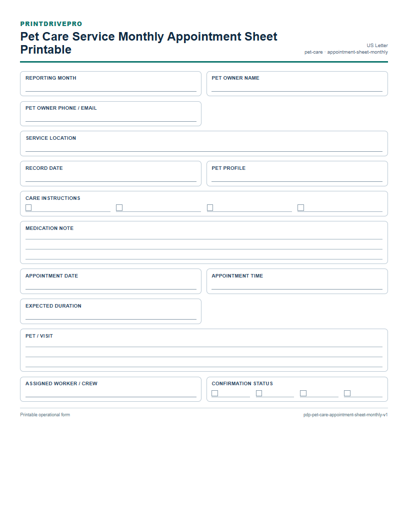 Pet Care Service Monthly Appointment Sheet Printable preview