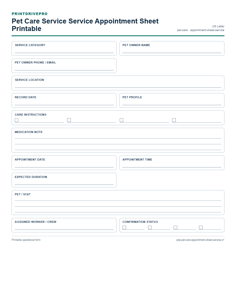 Pet Care Service Service Appointment Sheet Printable preview