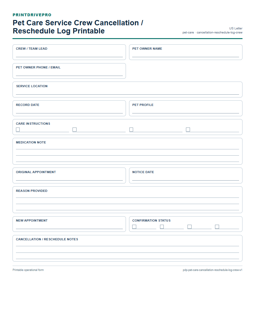 Pet Care Service Crew Cancellation / Reschedule Log Printable preview