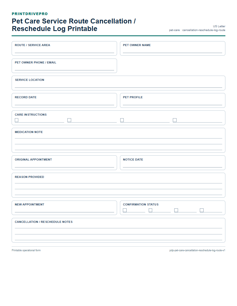 Pet Care Service Route Cancellation / Reschedule Log Printable preview