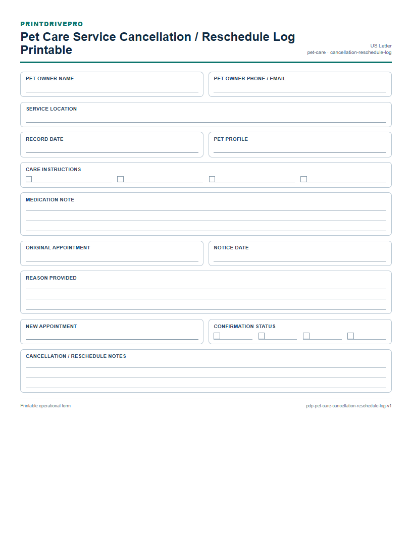 Pet Care Service Cancellation / Reschedule Log Printable preview