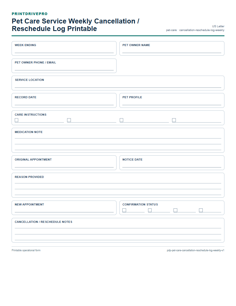 Pet Care Service Weekly Cancellation / Reschedule Log Printable preview
