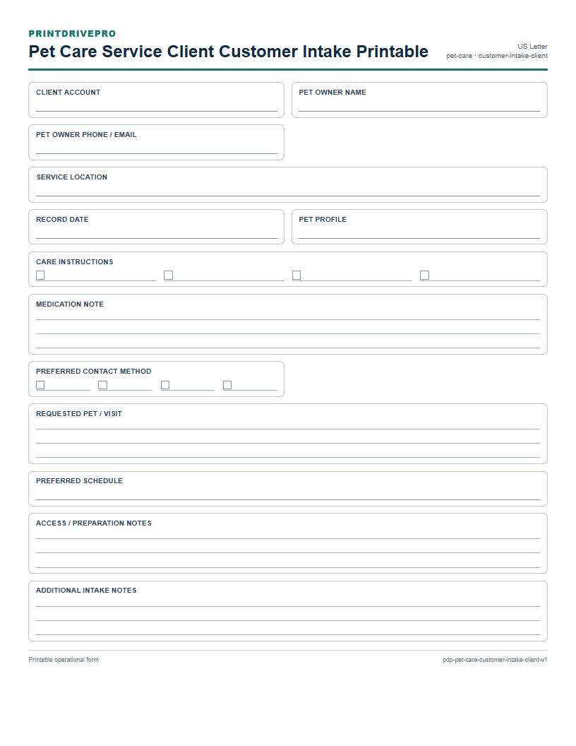 Pet Care Service Client Customer Intake Printable preview