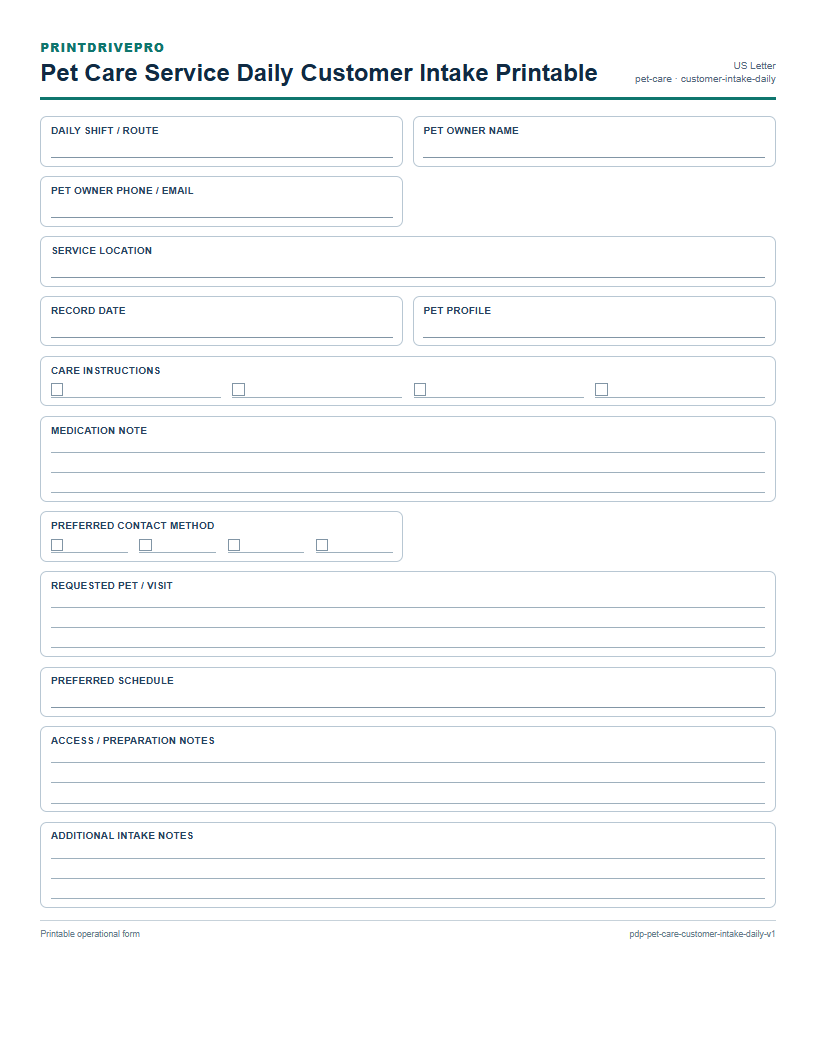 Pet Care Service Daily Customer Intake Printable preview