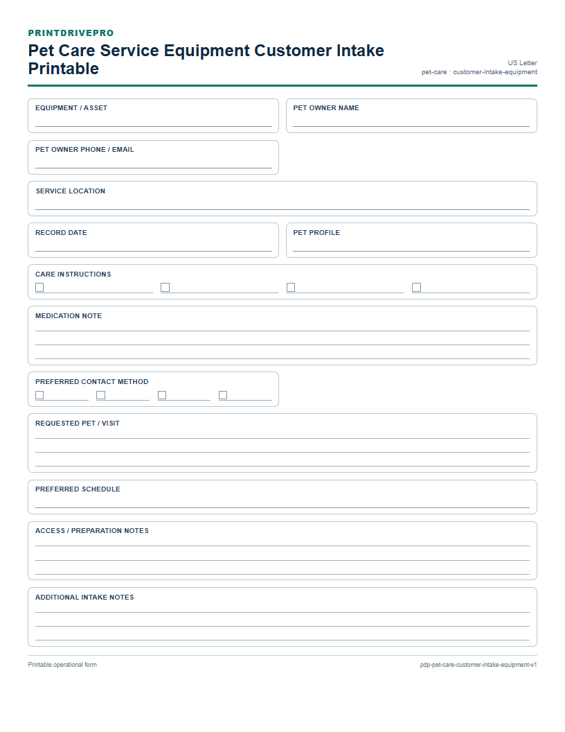 Pet Care Service Equipment Customer Intake Printable preview