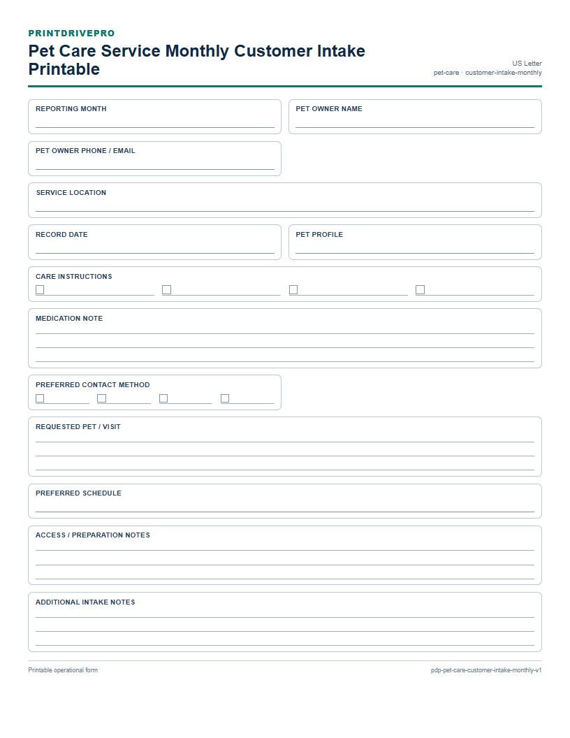 Pet Care Service Monthly Customer Intake Printable preview