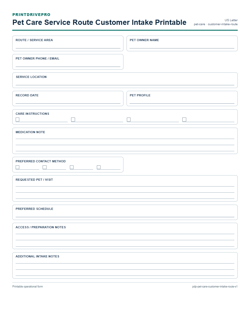 Pet Care Service Route Customer Intake Printable preview