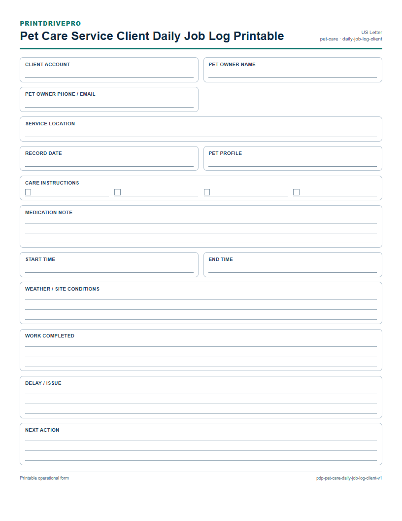 Pet Care Service Client Daily Job Log Printable preview