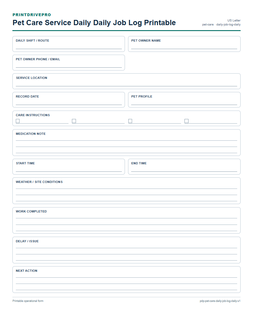 Pet Care Service Daily Daily Job Log Printable preview