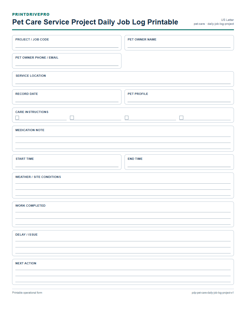 Pet Care Service Project Daily Job Log Printable preview