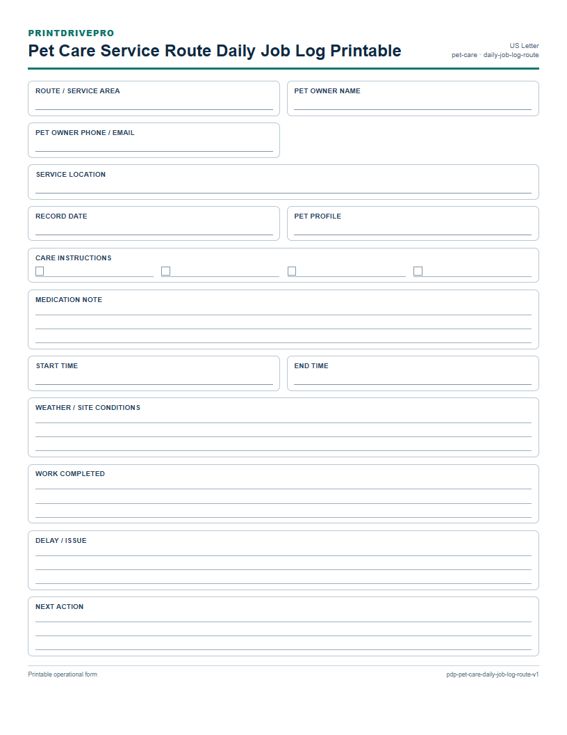 Pet Care Service Route Daily Job Log Printable preview