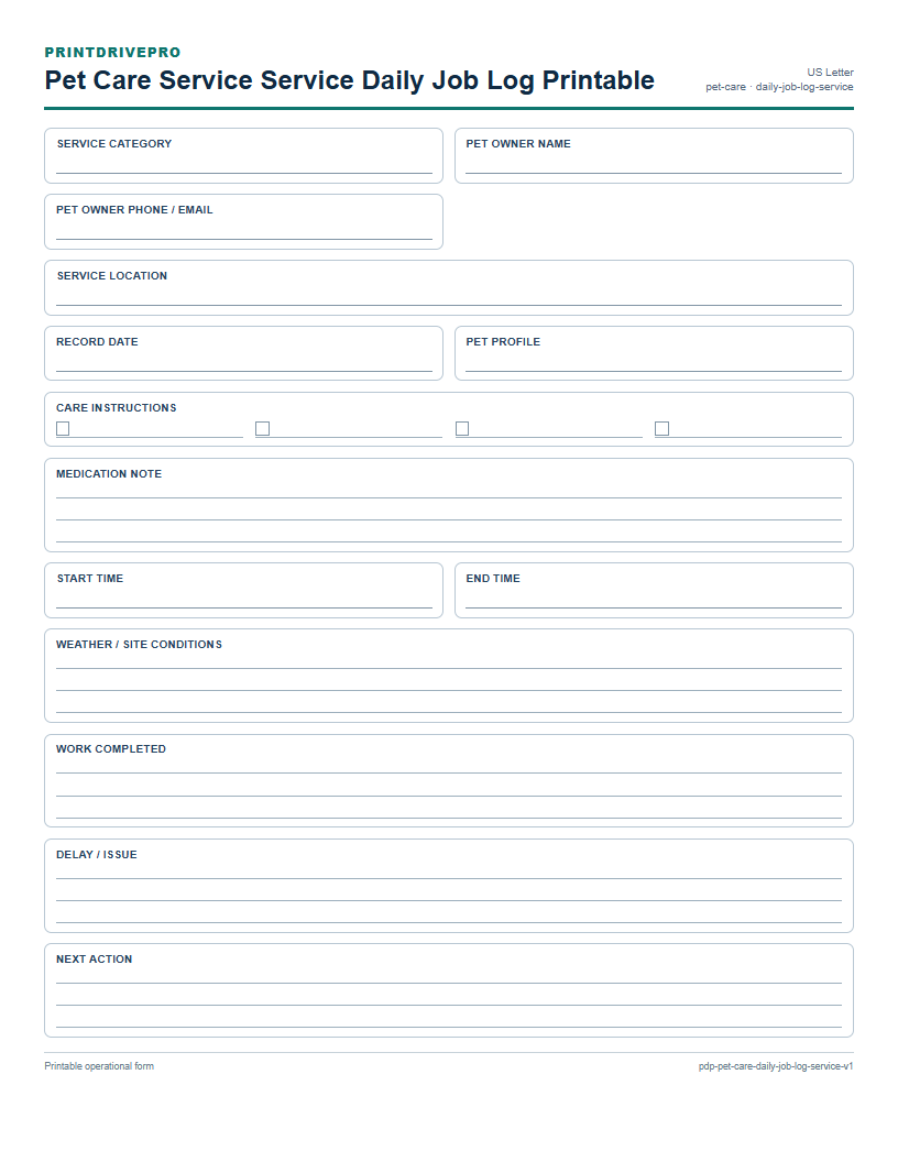Pet Care Service Service Daily Job Log Printable preview