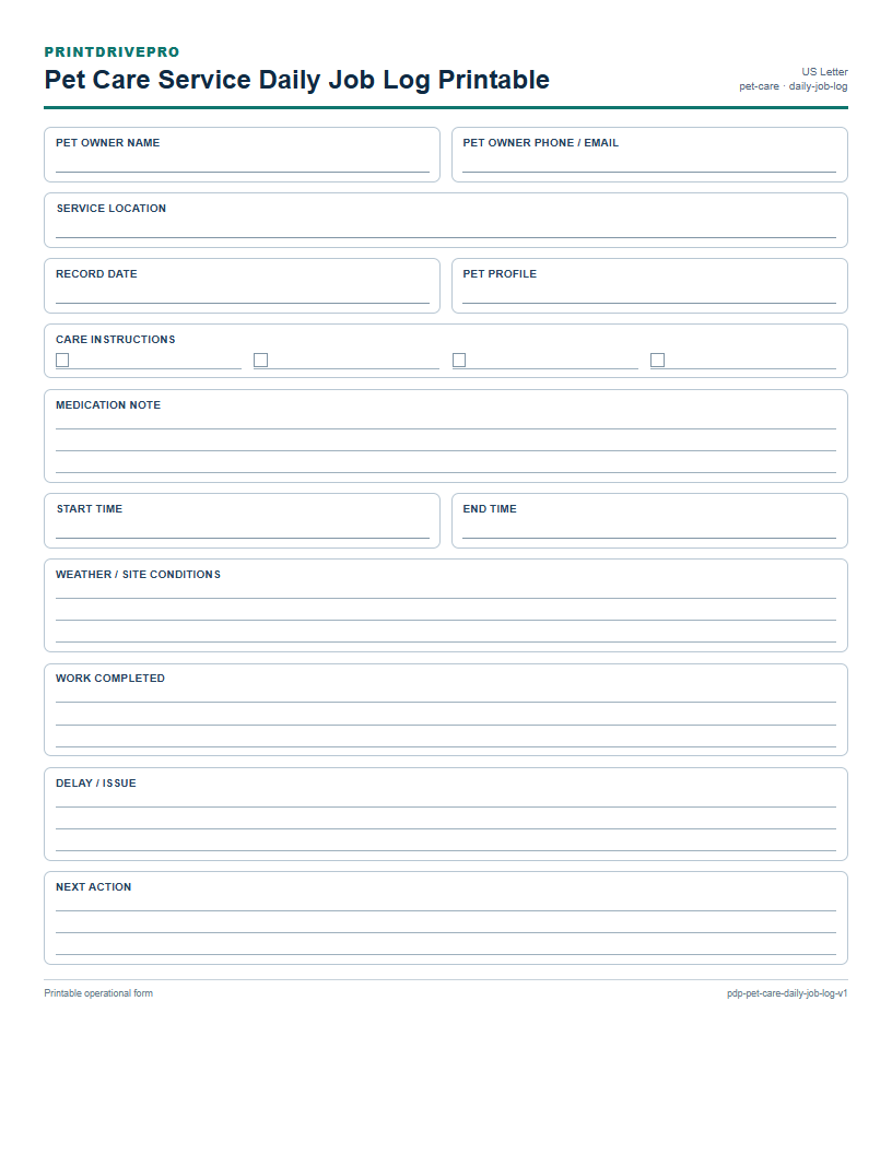 Pet Care Service Daily Job Log Printable preview