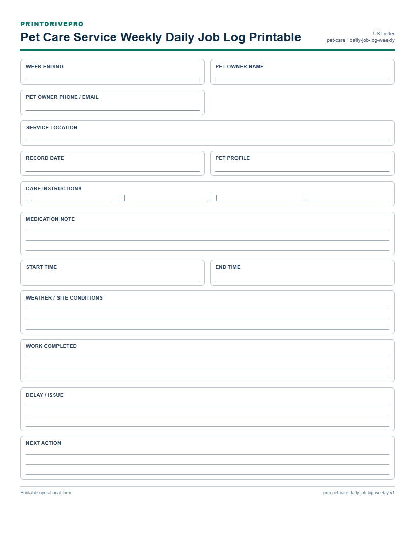 Pet Care Service Weekly Daily Job Log Printable preview