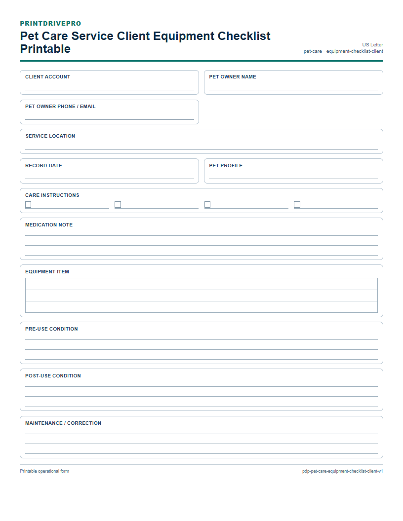 Pet Care Service Client Equipment Checklist Printable preview