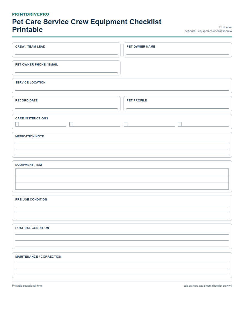 Pet Care Service Crew Equipment Checklist Printable preview