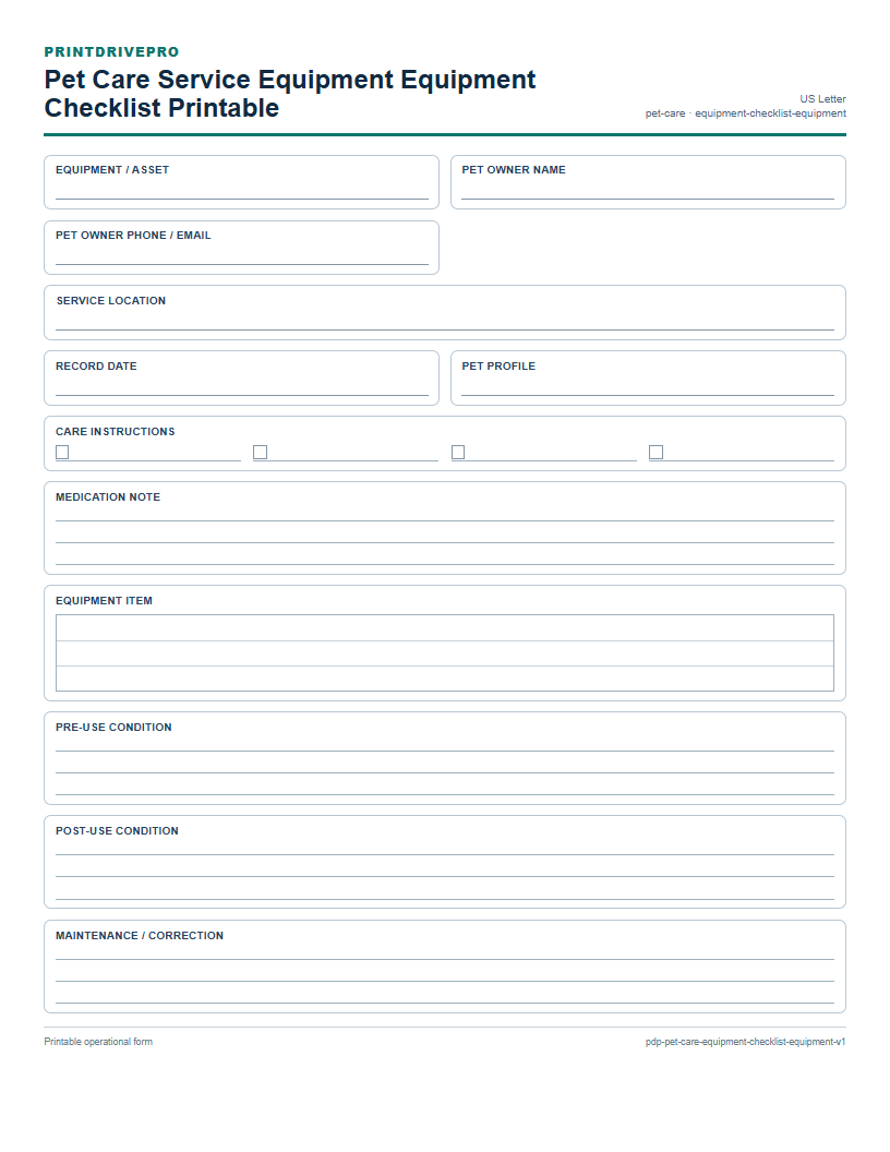 Pet Care Service Equipment Equipment Checklist Printable preview