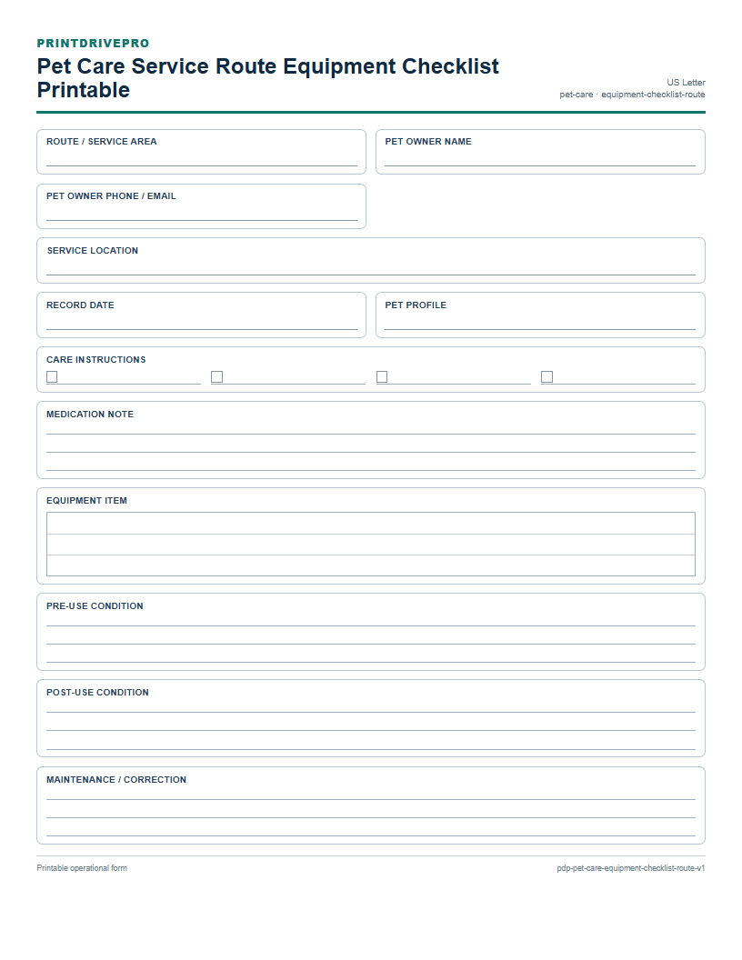 Pet Care Service Route Equipment Checklist Printable preview