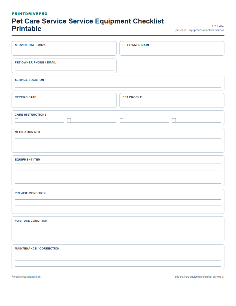Pet Care Service Service Equipment Checklist Printable preview