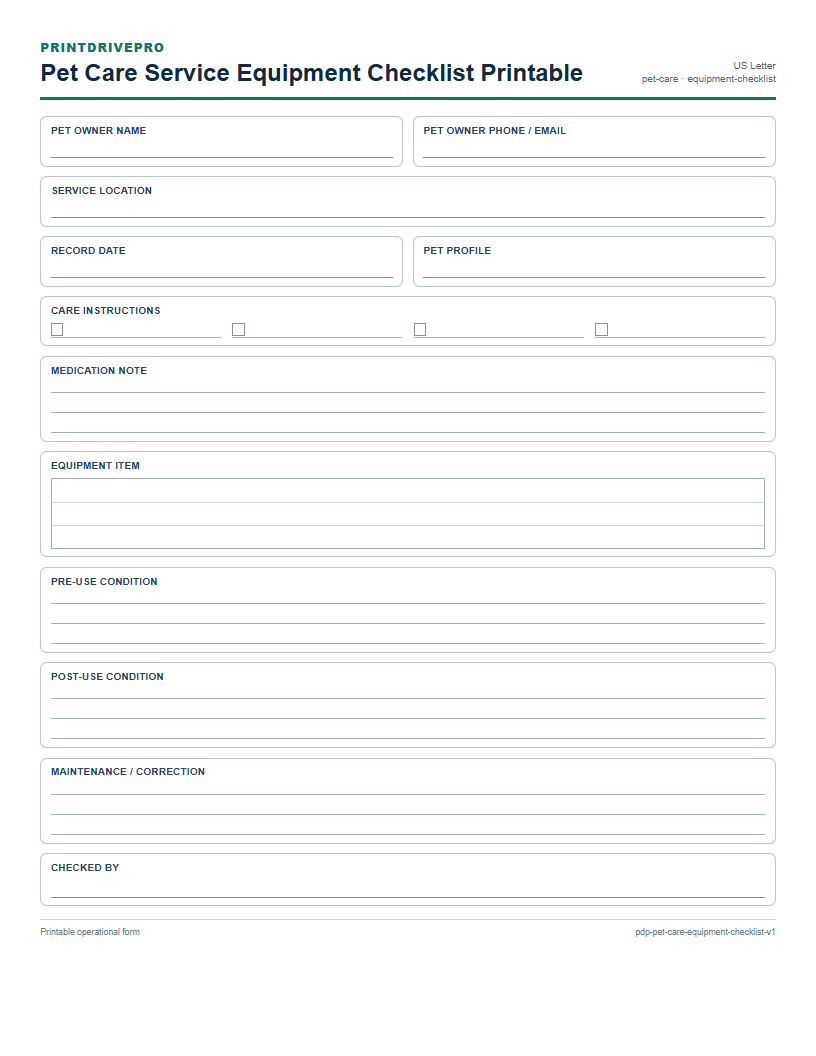 Pet Care Service Equipment Checklist Printable preview