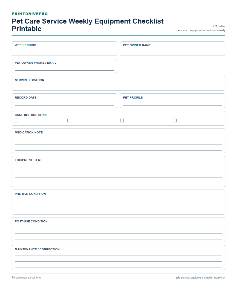 Pet Care Service Weekly Equipment Checklist Printable preview
