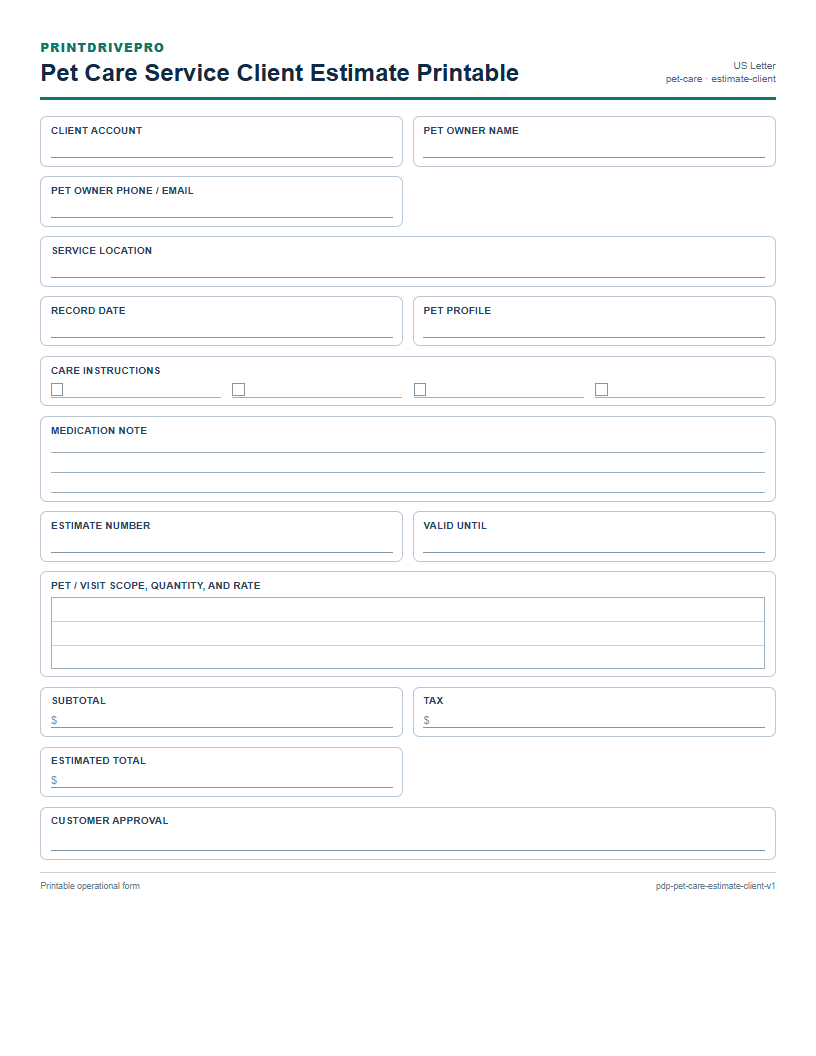 Pet Care Service Client Estimate Printable preview