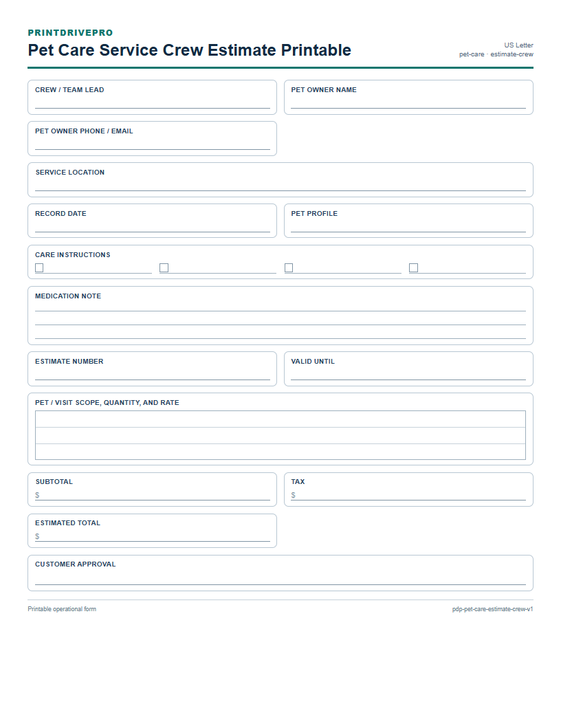 Pet Care Service Crew Estimate Printable preview