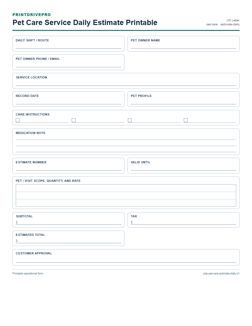 Pet Care Service Daily Estimate Printable preview