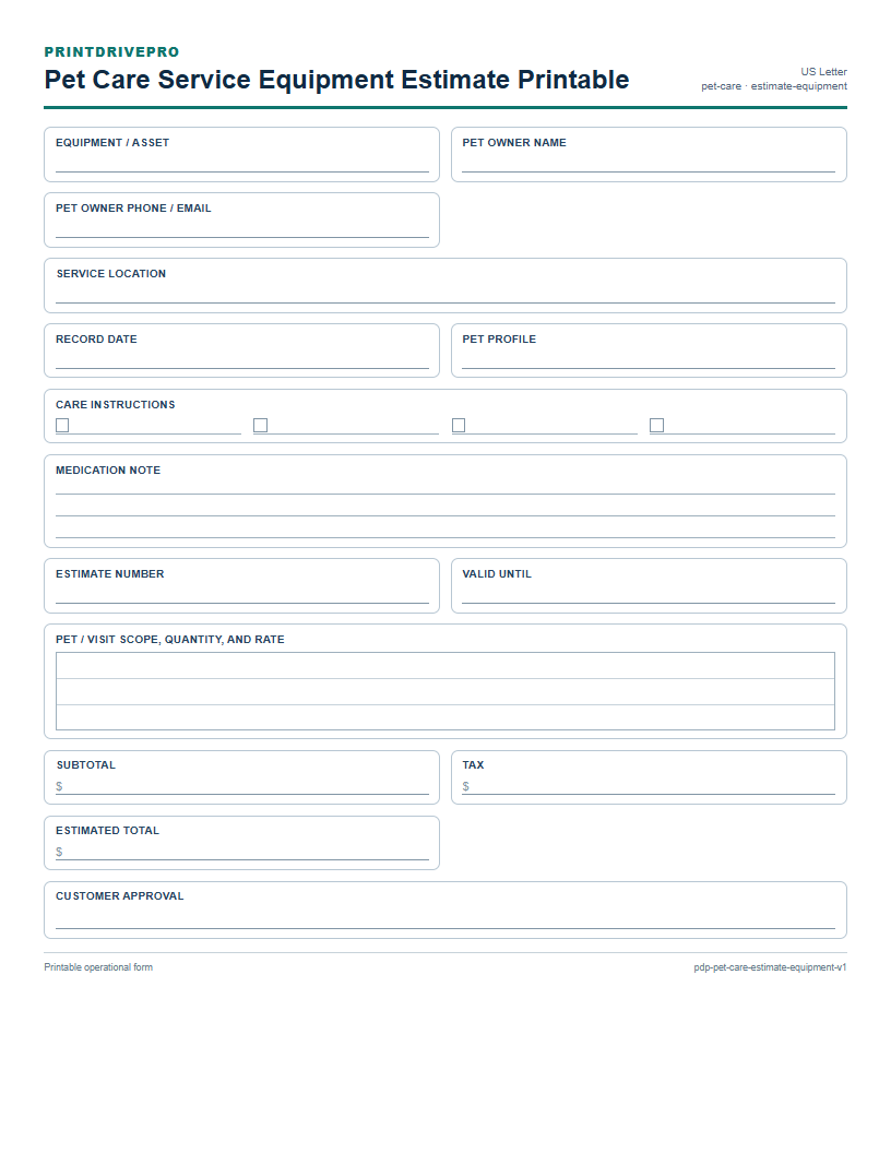Pet Care Service Equipment Estimate Printable preview