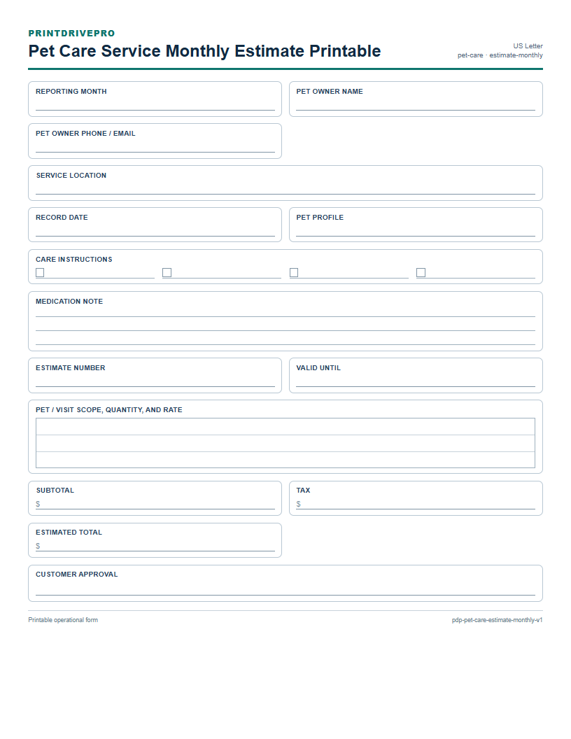 Pet Care Service Monthly Estimate Printable preview