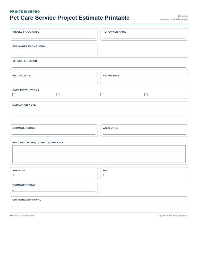 Pet Care Service Project Estimate Printable preview