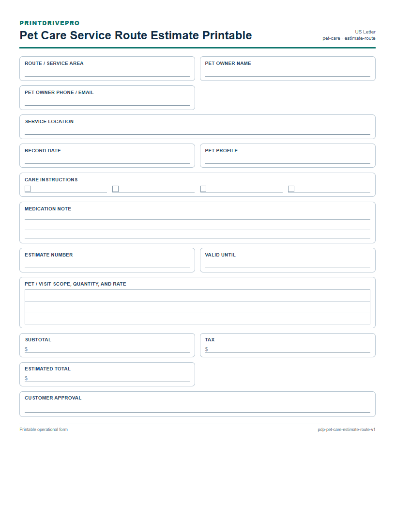 Pet Care Service Route Estimate Printable preview