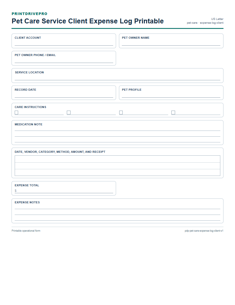 Pet Care Service Client Expense Log Printable preview