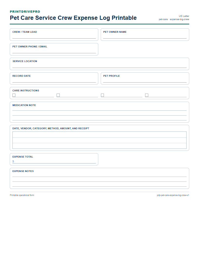 Pet Care Service Crew Expense Log Printable preview