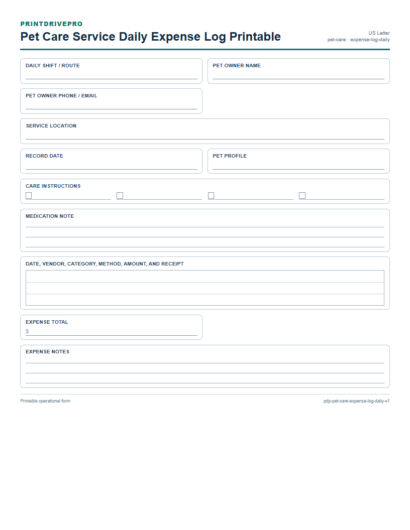 Pet Care Service Daily Expense Log Printable preview