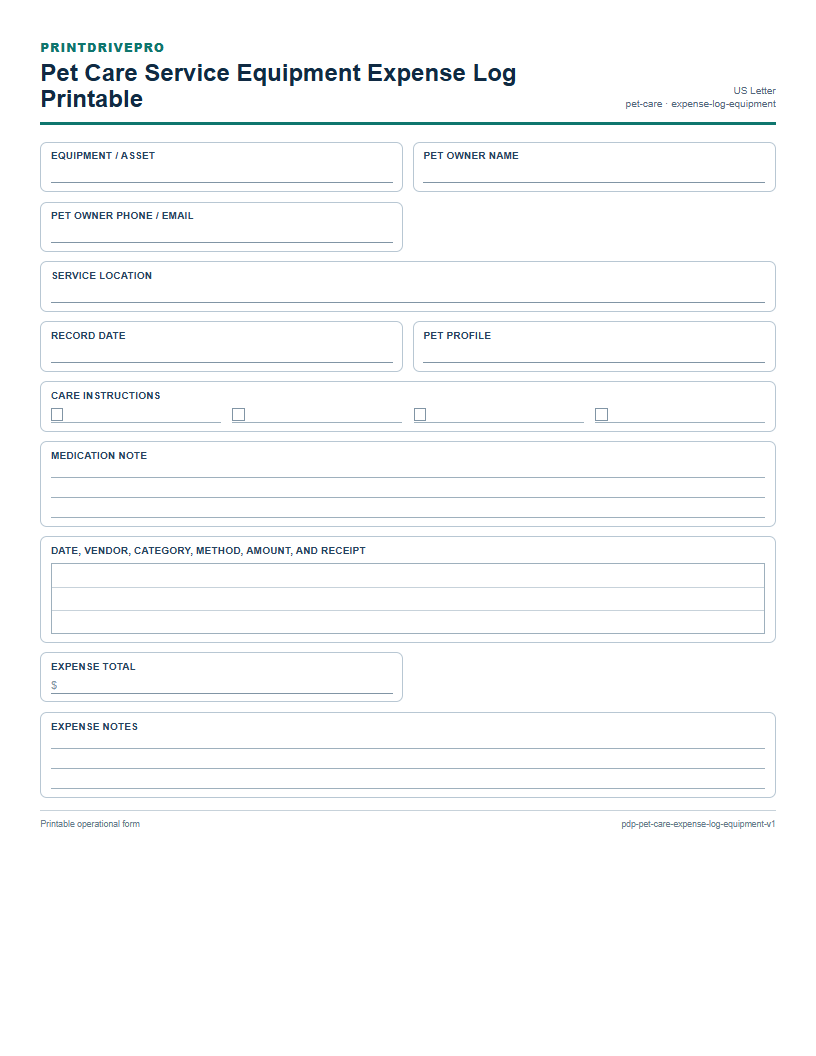 Pet Care Service Equipment Expense Log Printable preview