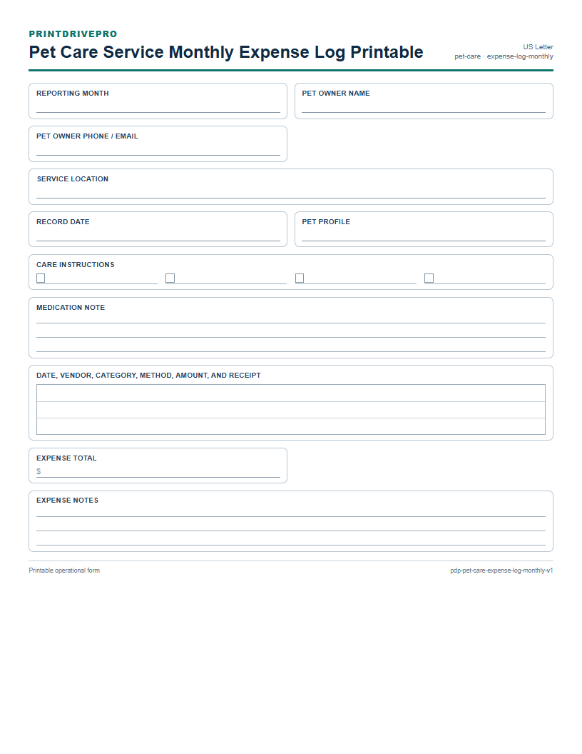 Pet Care Service Monthly Expense Log Printable preview
